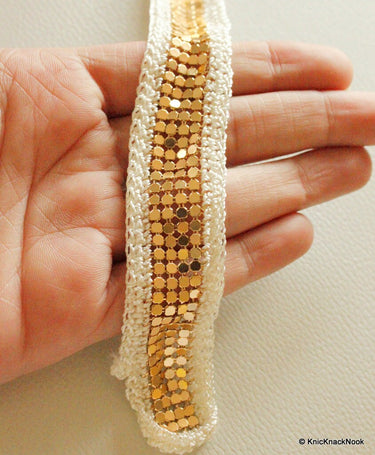 Copper Metal With Cream Crochet 25mm Wide Lace Trim, Decorative Trim, Crafting Ribbon